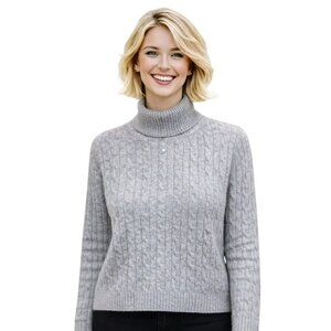 Vertical Design Gray 100% Cashmere Cable Knit Turtleneck Sweater XL Cozy Soft